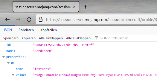 Mojang Session Server response on a player uuid